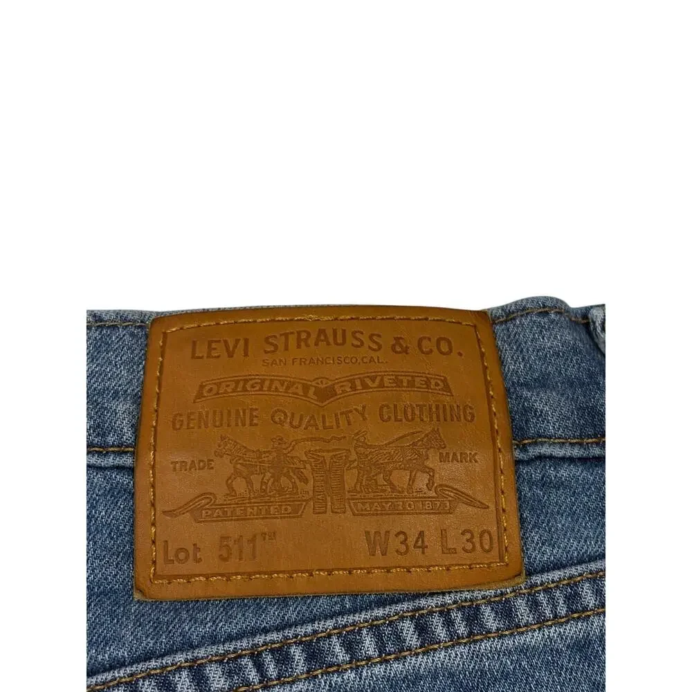 Levis 511 Premium Jeans Mens 34x30 Blue Slim Fit Tapered Leg Distressed Stretch